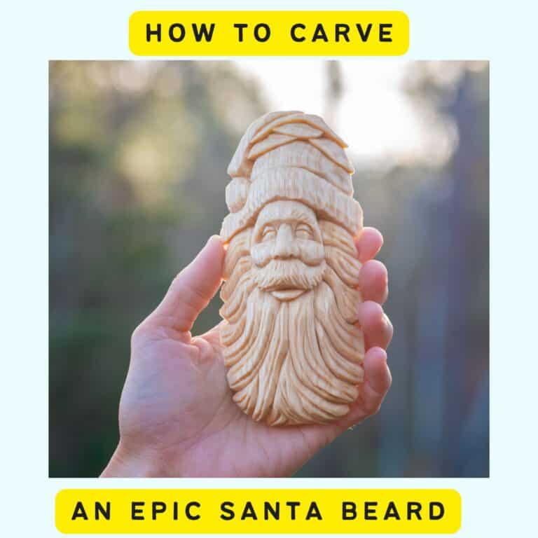 text "how to carve an epic santa beard" with a hand holding a wood carved Santa