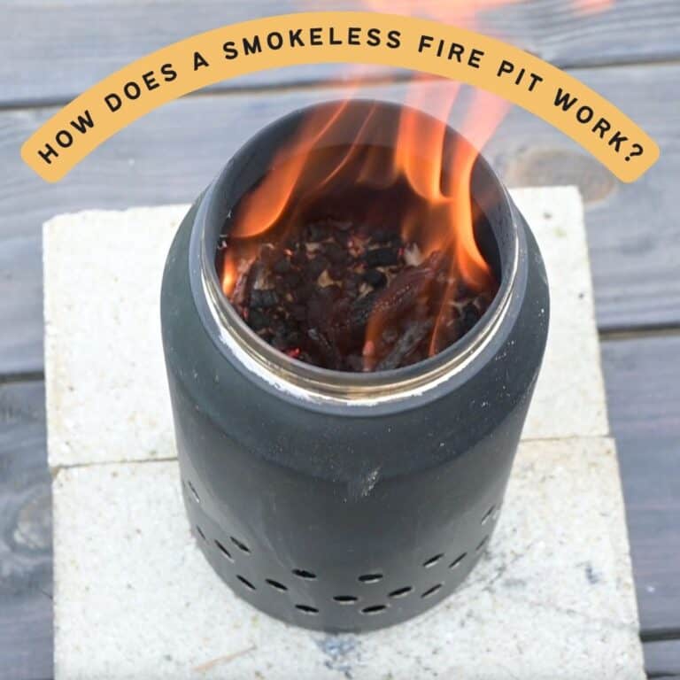 text overlay "how does a smokeless fire pit work?" over an image of a small tabletop smokeless fire pit