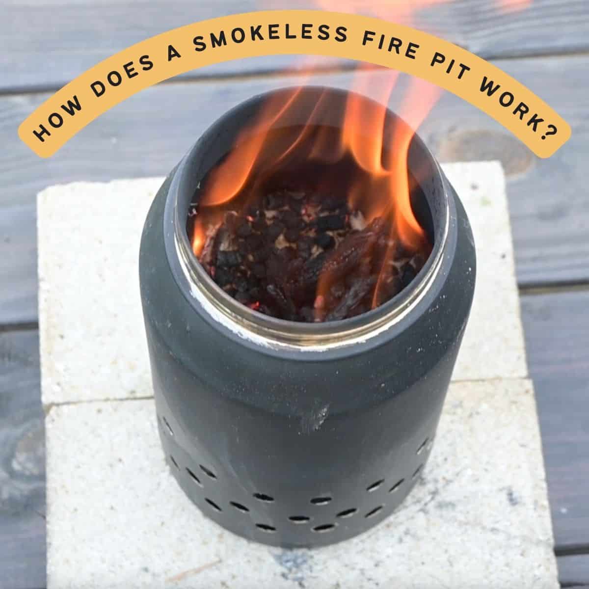 text overlay "how does a smokeless fire pit work?" over an image of a small tabletop smokeless fire pit
