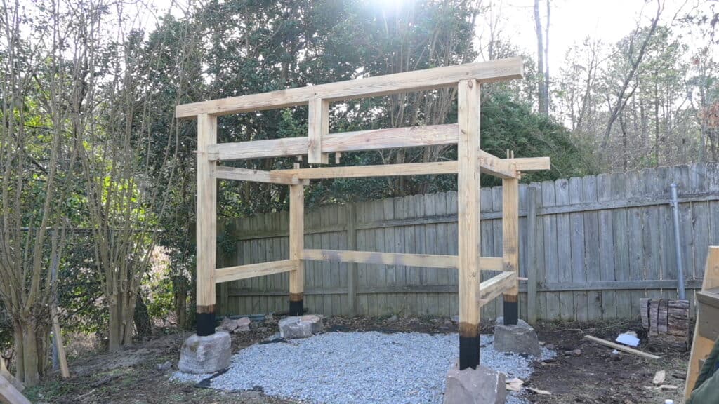 a timber frame woodshed