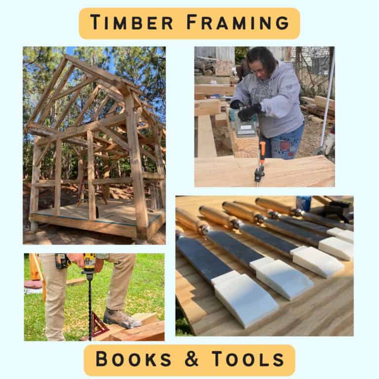 text "timber framing books and tools" with a collage of timber frame related images