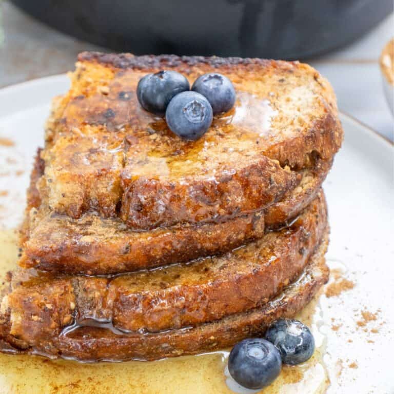 sourdough cinnamon toast with maple syrup and blueberries