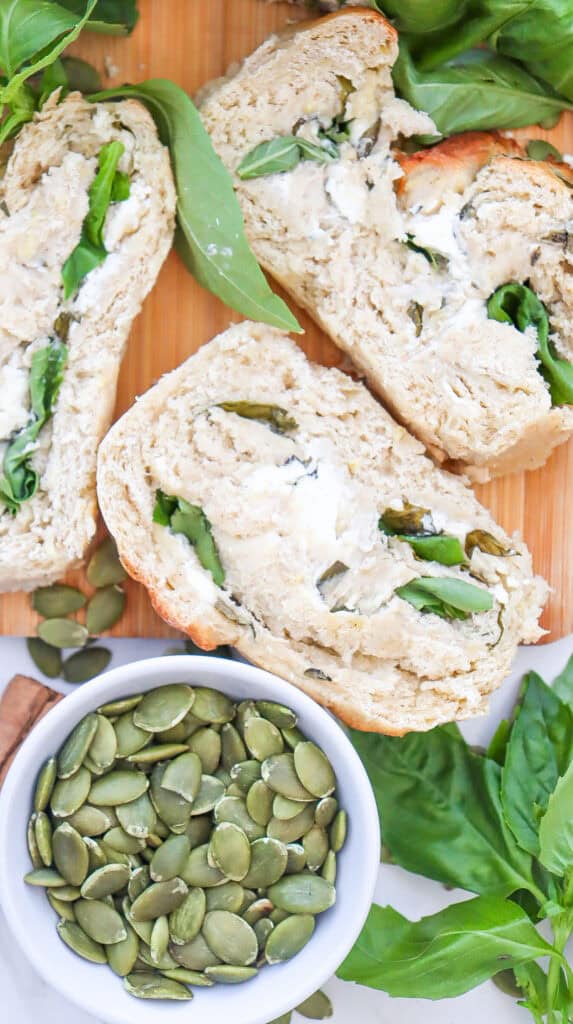 A top down view of slices of zucchini swirl bread