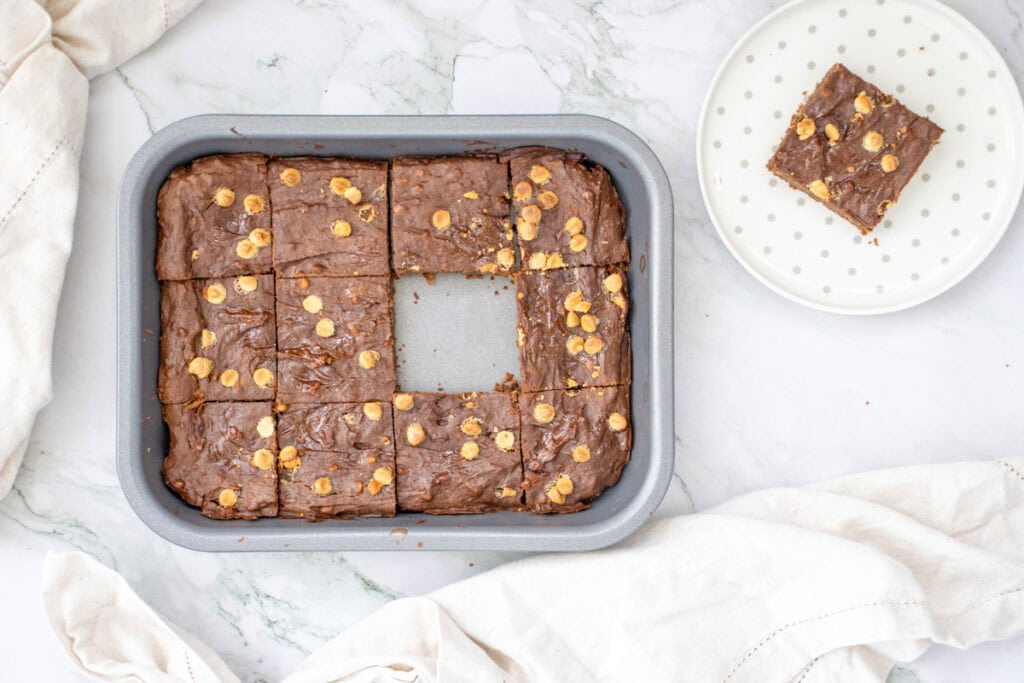a pan of baked sweet potato brownies