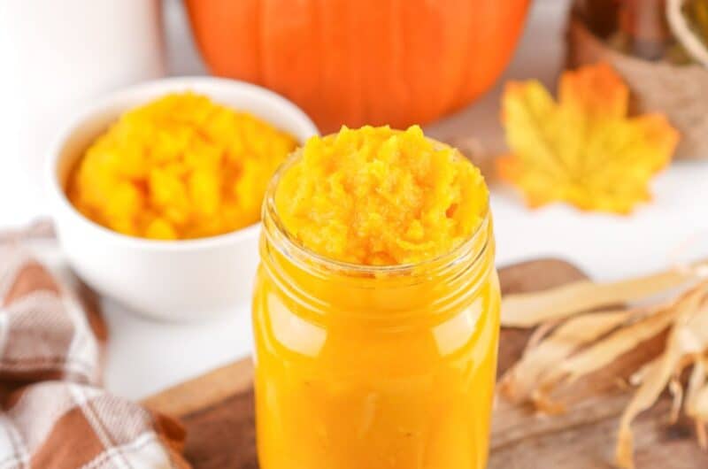 a glass jar of homemade pumpkin puree