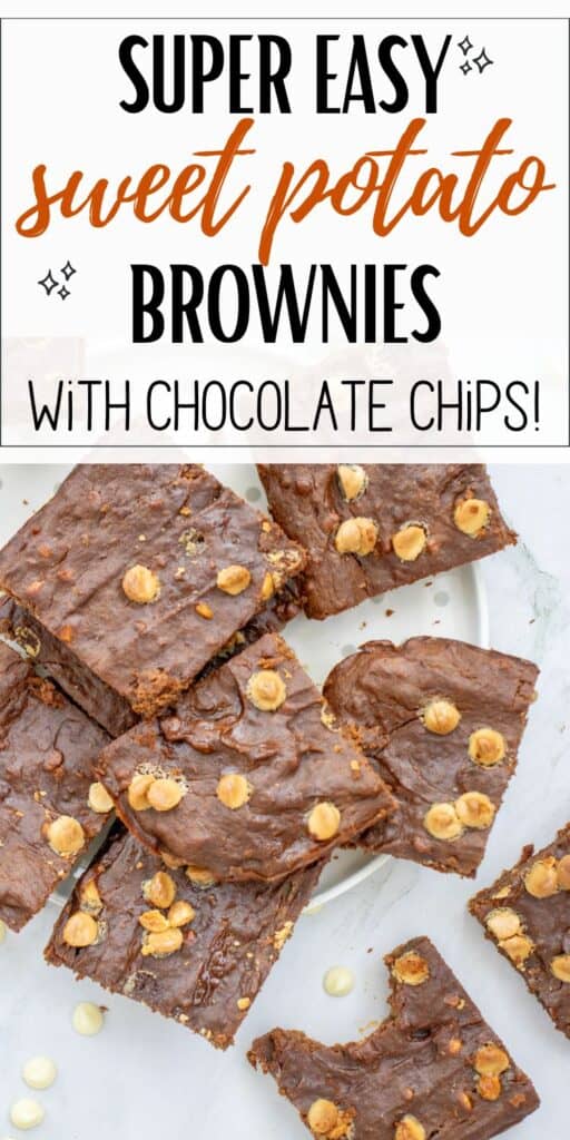 A plate of easy sweet potato brownies with chocolate chips is displayed, showcasing a rich, fudgy texture and highlighting a guilt-free dessert option made from sweet potatoes.
