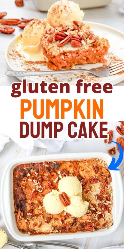 A slice of gluten-free pumpkin spice dump cake is served with scoops of vanilla ice cream and topped with chopped pecans, alongside the baking dish containing the remaining cake.
