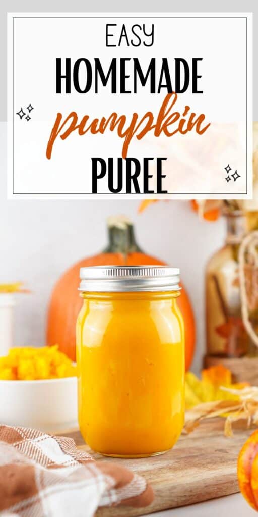 text "easy homemade pumpkin puree" with a jar of pupmkin puree
