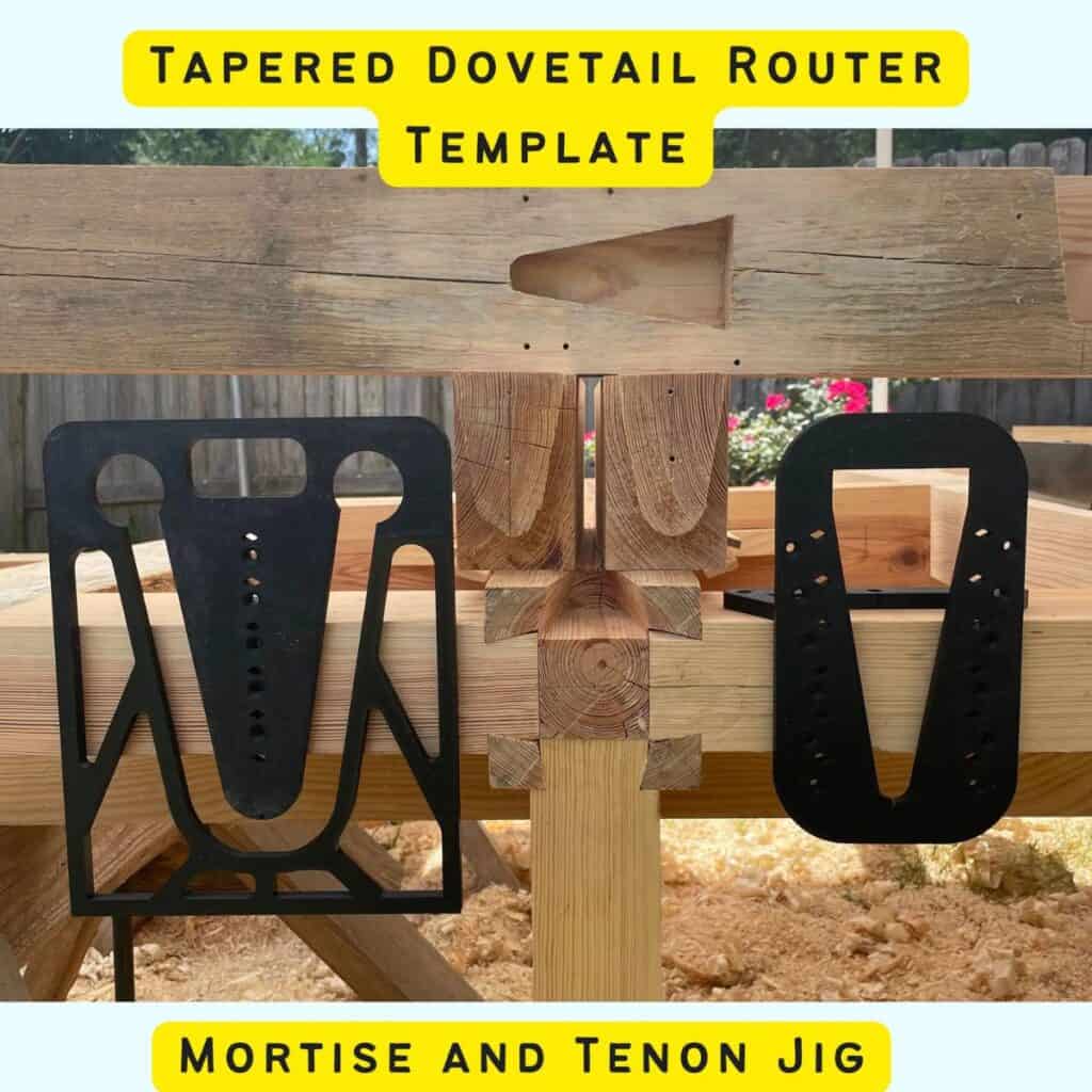 May include: A black router template jig for creating tapered dovetail joints. The jig is shown in use on a wooden beam. The text 'TAPERED DOVETAIL ROUTER TEMPLATE' is at the top of the image. The text 'MORTISE AND TENON JIG' is at the bottom of the image.