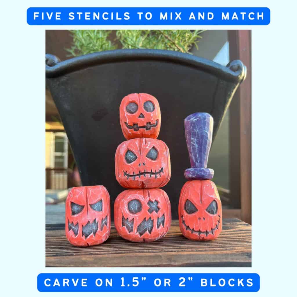 text "five stencils to mix and match" with a photo of five wood carved pumpkin figures