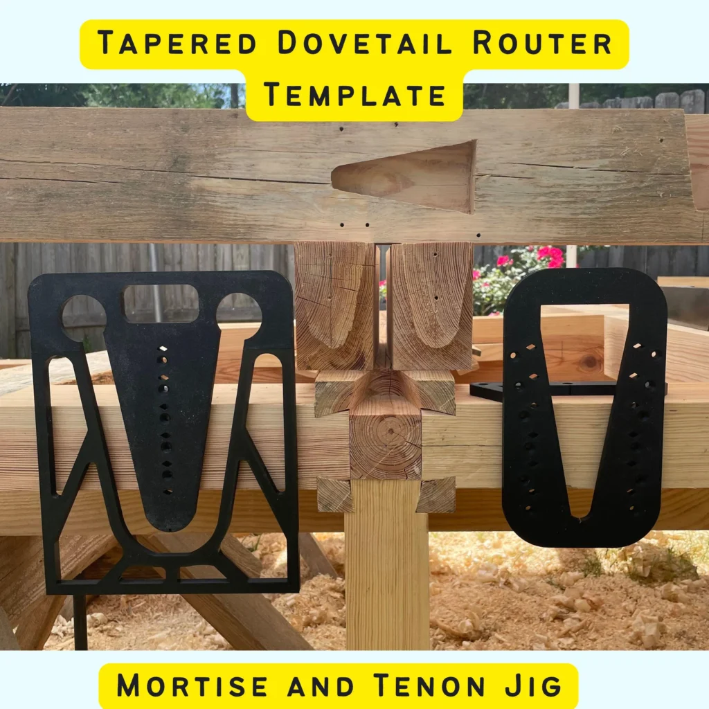 May include: A black router template jig for creating tapered dovetail joints. The jig is shown in use on a wooden beam. The text 'TAPERED DOVETAIL ROUTER TEMPLATE' is at the top of the image. The text 'MORTISE AND TENON JIG' is at the bottom of the image.