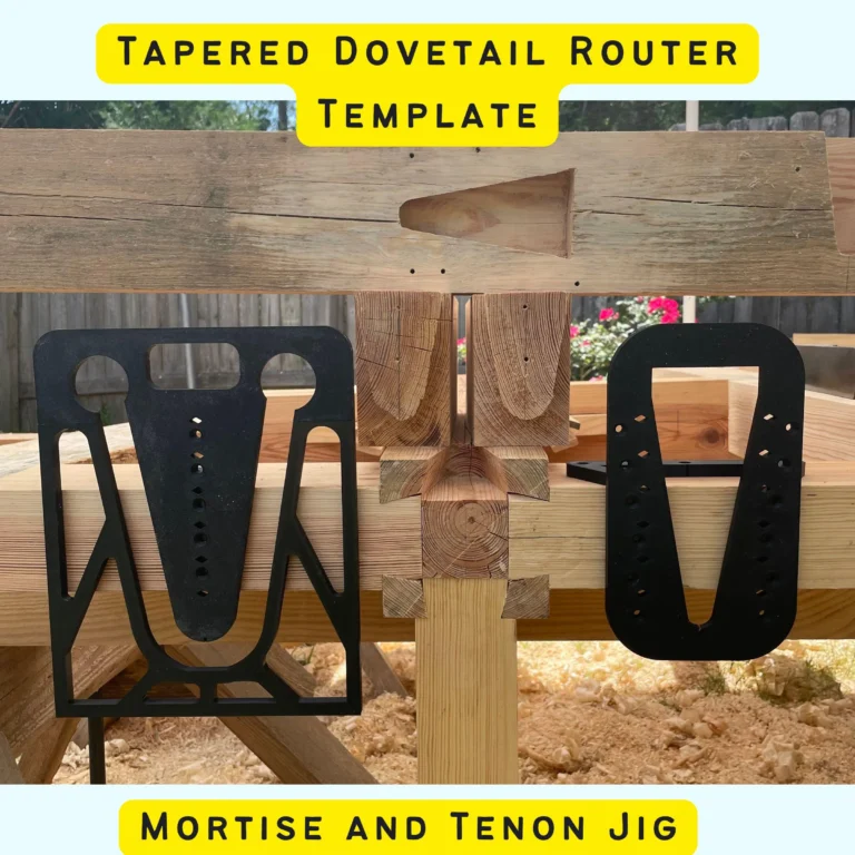 May include: A black router template jig for creating tapered dovetail joints. The jig is shown in use on a wooden beam. The text 'TAPERED DOVETAIL ROUTER TEMPLATE' is at the top of the image. The text 'MORTISE AND TENON JIG' is at the bottom of the image.