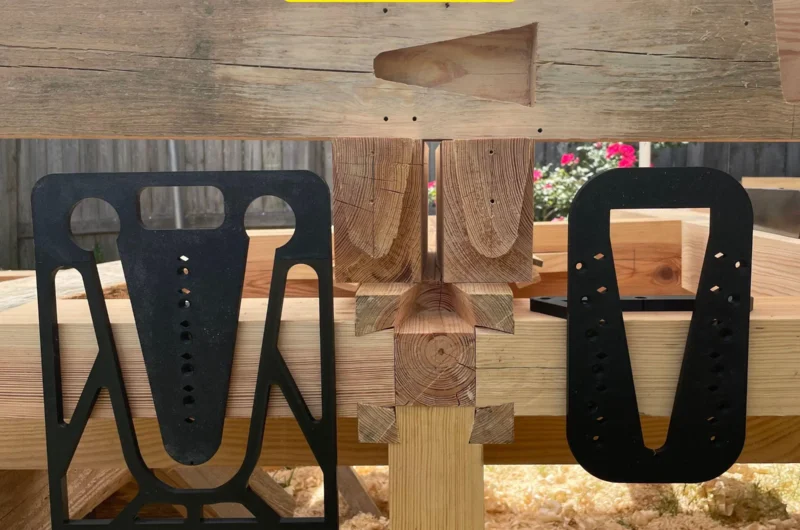 May include: A black router template jig for creating tapered dovetail joints. The jig is shown in use on a wooden beam. The text 'TAPERED DOVETAIL ROUTER TEMPLATE' is at the top of the image. The text 'MORTISE AND TENON JIG' is at the bottom of the image.