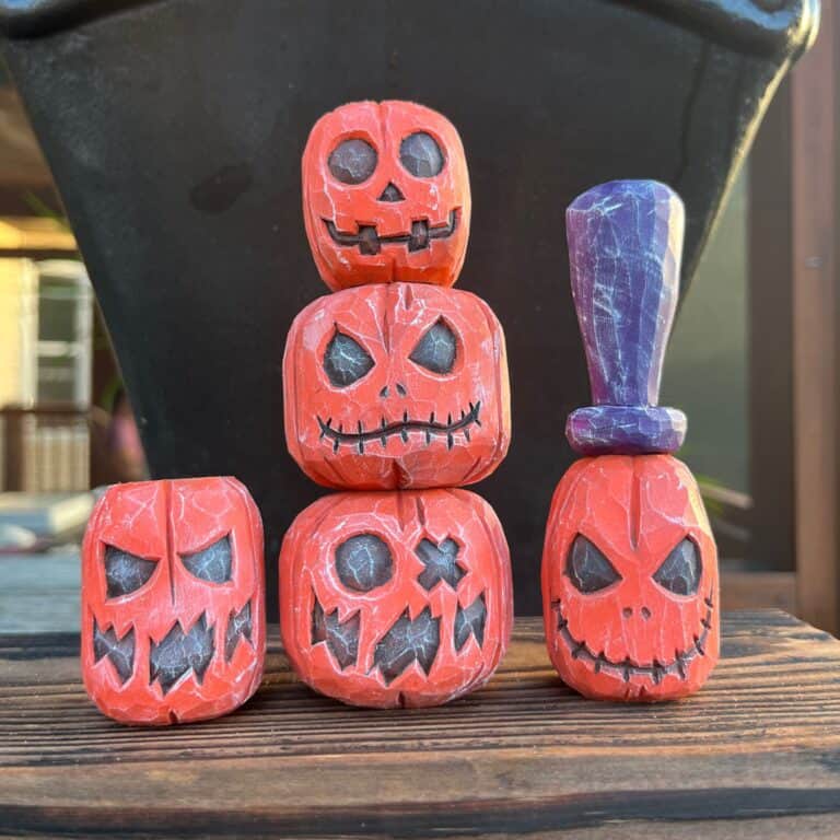 five hand carved wood jack o lanterns