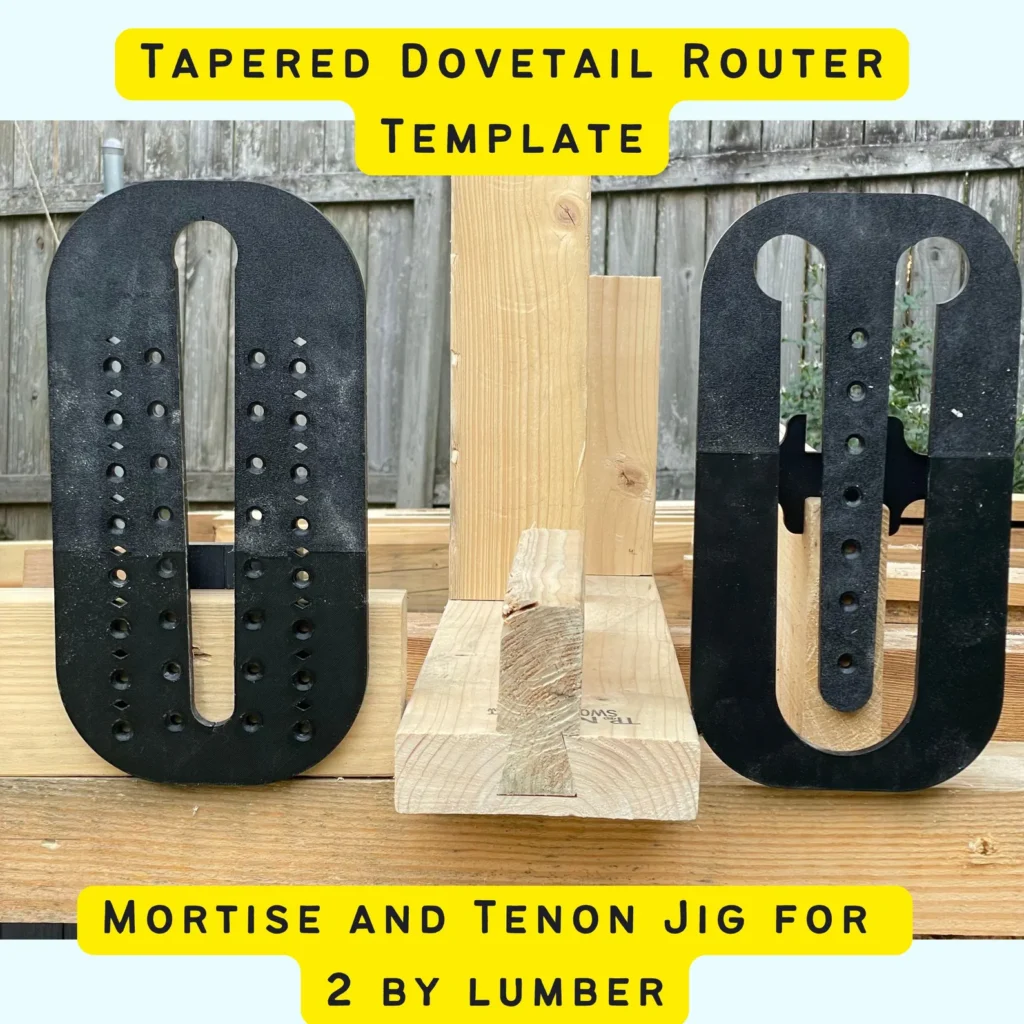 text "tapered dovetail router template for 2 by lumber" with a photo of two black plastic router templates
