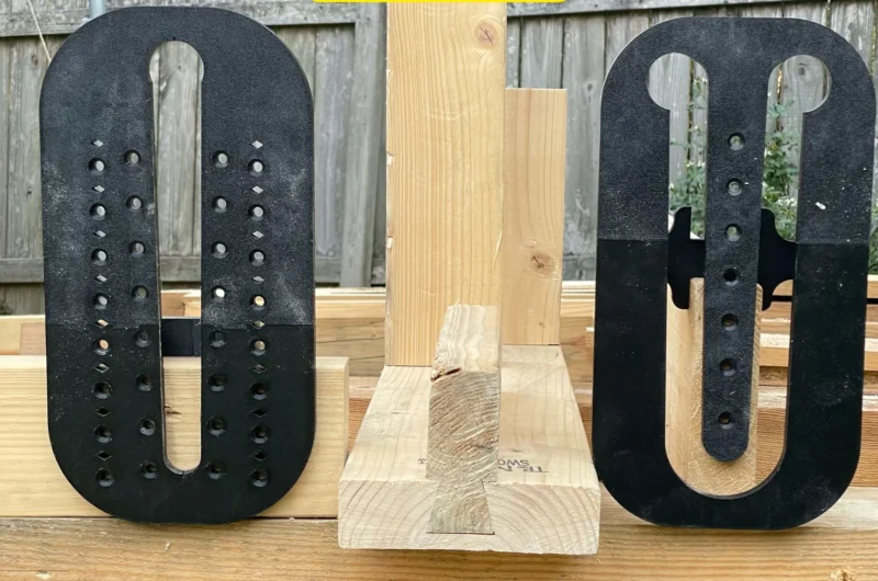 text "tapered dovetail router template for 2 by lumber" with a photo of two black plastic router templates