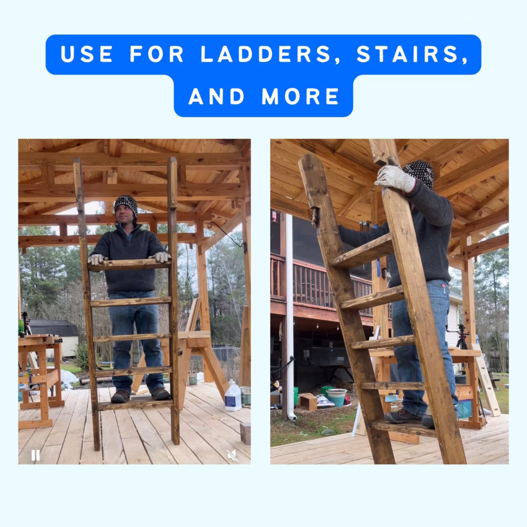 text "use for ladders, stairs, and more" with two photos of a man standing on a wood ladder