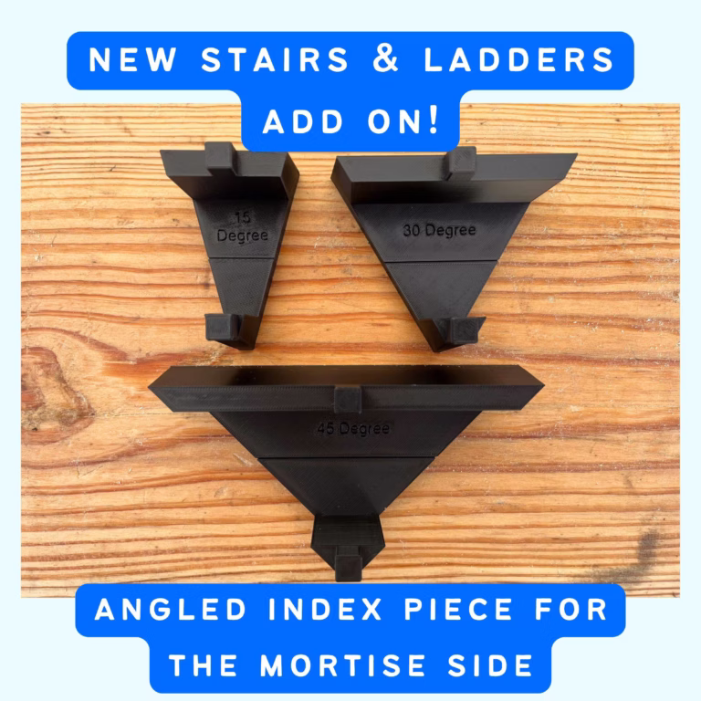 three woodworking jig pieces for making mortises at an angle