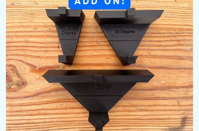 three woodworking jig pieces for making mortises at an angle