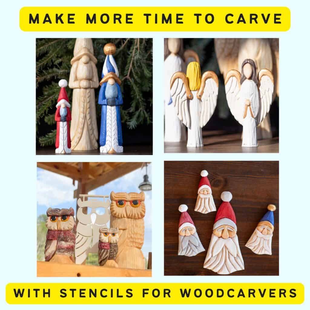 a collage with four wood carvings and text "make more time to carve with stencils for wood carvers"